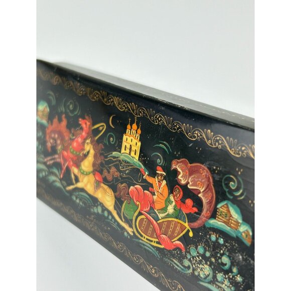 Russian Black Lacquer Hand Painted Artist Signed Trinket Box Hinged Sled Horse - Picture 16 of 16